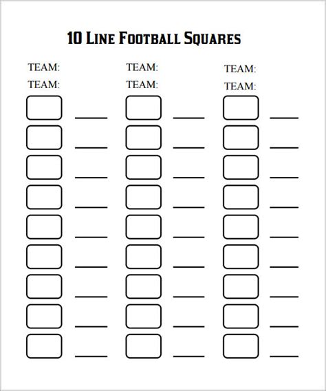 The Printable NFL Football 50 Square Grid is ideal for organizing office pools or friendly wagers during the NFL season. It simplifies tracking bets and adds a competitive element to watching games with friends, family, or coworkers. Easy to use and set up, it ensures your football gatherings are lively and enjoyable. Author: Adelina M.K.. 