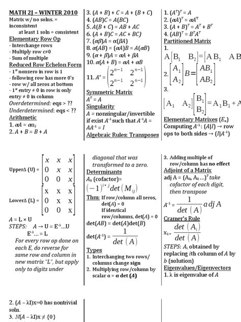Linear Algebra Cheat Sheet Matrix (Mathematics) Eigenvalues And