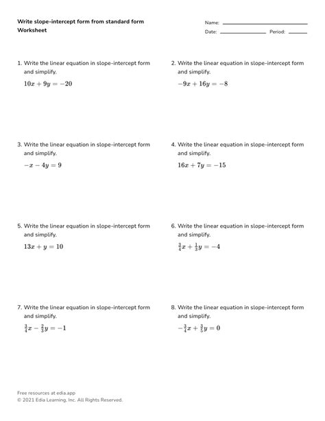 Linear Equation Key Standard Form Worksheet Answer