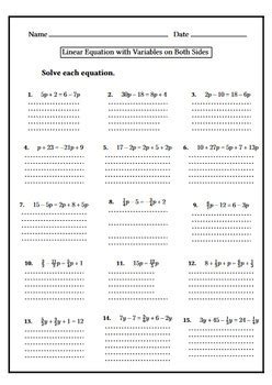 Linear Equations with Variables on Both Sides Worksheet Download