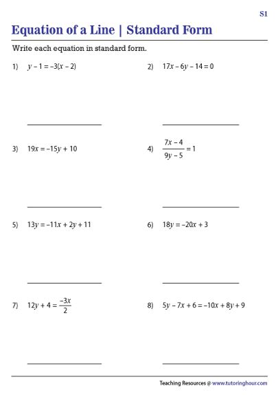 Linear Inequalities Standard Form Of A Linear Equation Worksheet With