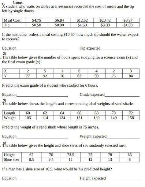 Linear Quadratic Regression Worksheet Pdf Quadraticworksheet com