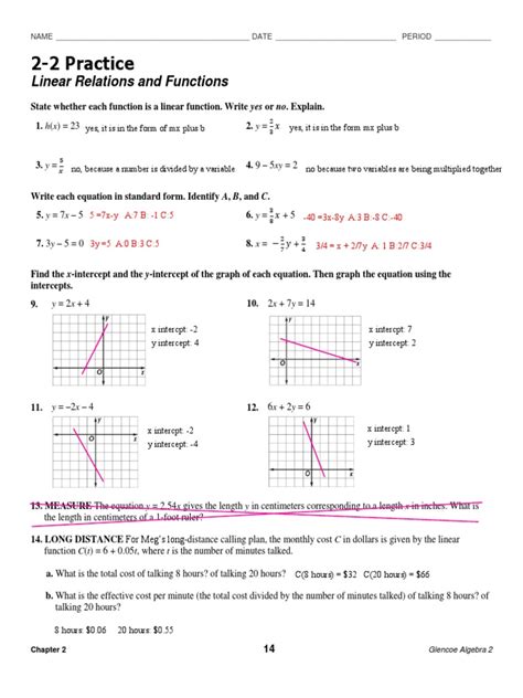 Linear Relations and Functions Answers PDF Equations Function