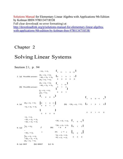 This solutions manual is designed to accompany the eighth edition of Linear Algebra with Applications by Steven J. Leon. The answers in this manual supple-ment those givenin the answer keyof the textbook. Inadditionthis manualcontains the complete solutions to all of the nonroutine exercises in the book.. 