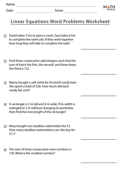 Linear equations word problems. Linear Equations Word Problems Worksheets. Tags: 8th Grade. The free printables in this post present pupils with a set of word problems you need to answer by determining the linear equation represented by each. Download PDF. 