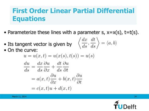 In mathematics, a first-order partial differential equation is a partial differential equation that involves only first derivatives of the unknown function of n variables. The equation takes the form. Such equations arise in the construction of characteristic surfaces for hyperbolic partial differential equations, in the calculus of variations ... . 