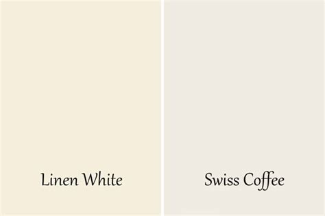 Linen white vs swiss coffee. While both White Dove and Swiss Coffee are popular white paint colors, White Dove is MUCH more predictable than Swiss Coffee and NOT inclined towards … 