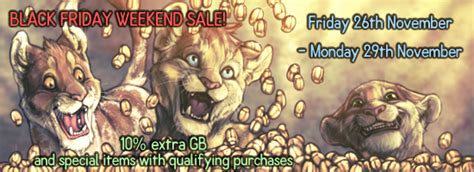 Black Friday Sale! For the next four days we are having a Black Friday/Cyber Monday sale on our credits! Every $20 or more purchase (in one single payment) receives 10% extra GB, and one of six donation-only decorations: Aloe, Cola Tree, African Civet, White Backed Vulture, Long-Tailed Widowbird and Lilac Tree. The ….