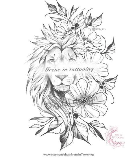 Lion With Flowers Tattoo Drawing