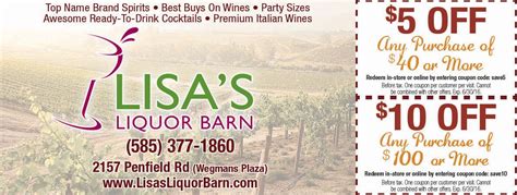  Lisa's Liquor Barn 2157 Penfield Rd Penfield, NY 14526 (585) 377-1860. Hours. Mon - Sat: 9am - 8pm Sun: 10am - 6pm. Newsletter Signup. Sign up for our mailing list ... 