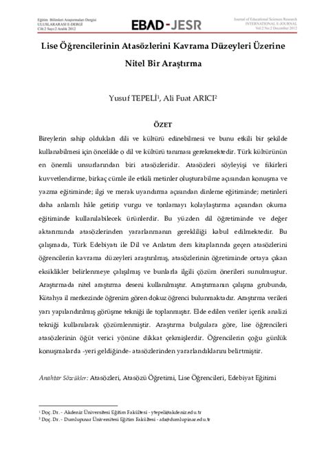 Lise Öğrencilerinin Atasözlerini Kavrama Düzeyleri . 