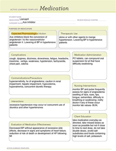 Lisinopril PCD ACTIVE LEARNING TEMPLATES Medication STUDENT NAME