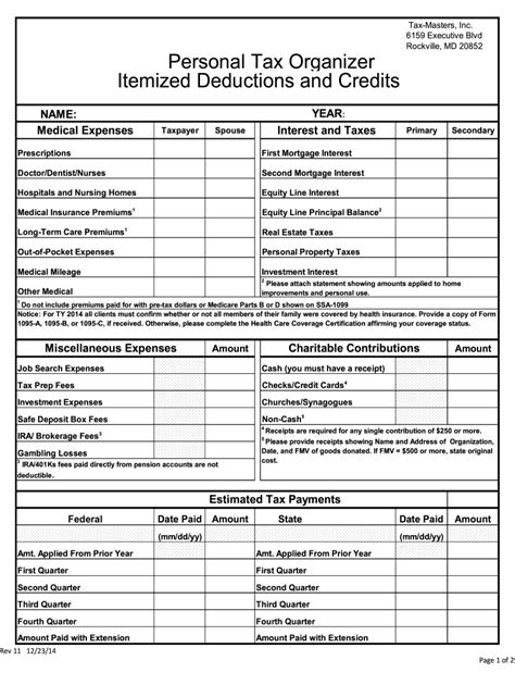 List Of Itemized Deductions Worksheet