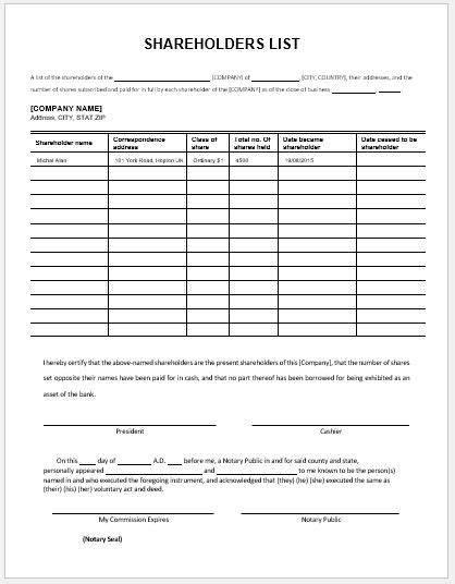 List of Shareholders Format in Word and Excel Free Download