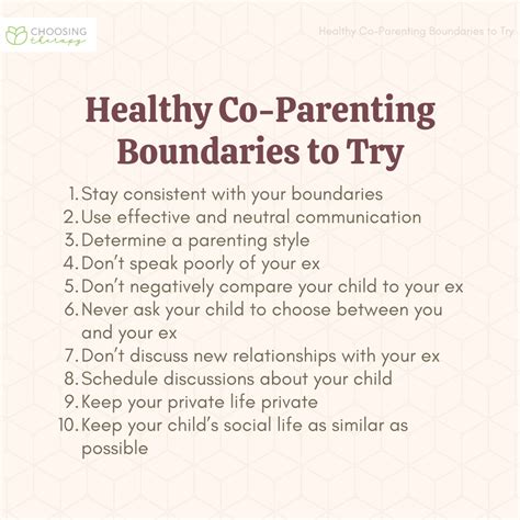 List of co parenting boundaries. Some examples include: Remaining diplomatic. Listen to the other parent and stay supportive of family relationships from both families. Be … 