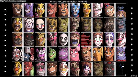 List of five nights at freddy's characters. The custom night character roster presents the list of antagonists in Ultimate Custom Night, which includes characters from the first six installments of the Five Nights at Freddy's franchise alongside strategies to repel them. A set of fifty-one characters from across the previous games have been included in Ultimate Custom Night as threats to the player. Ultimate Custom Night has sixteen ... 