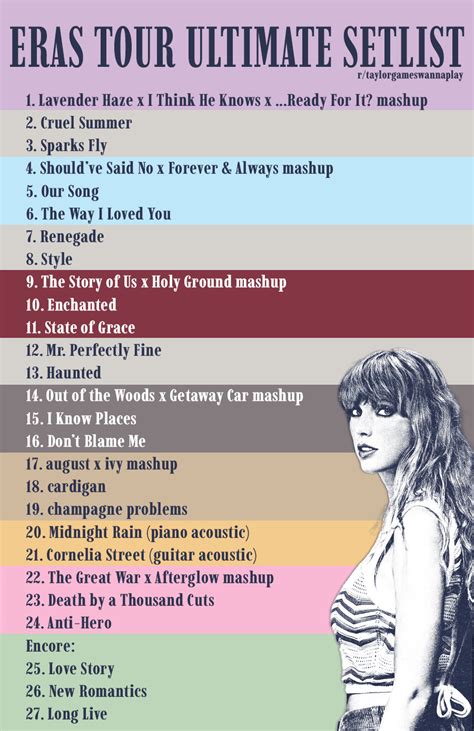 List of taylor swift tours. Taylor Swift is adding surprise songs to every Eras tour stop. See the list so far. Taylor Swift Eras setlist. "Miss Americana & the Heartbreak Prince" "Cruel Summer" … 