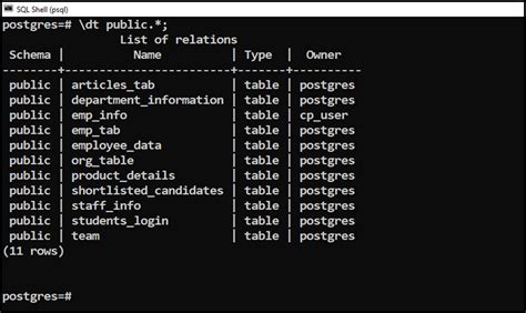 List tables in postgres database