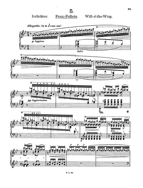 Feux Follets (Wills o’ the Wisp) is the fifth étude of the set of twelve Transcendental Études by Franz Liszt.As with the other works in the Études but one, Feux Follets went through three versions, the first being Étude en douze exercices from 1826, the second being Douze études d’execution transcendante from 1837, and third, an 1851 revision of the 1837 set.. 