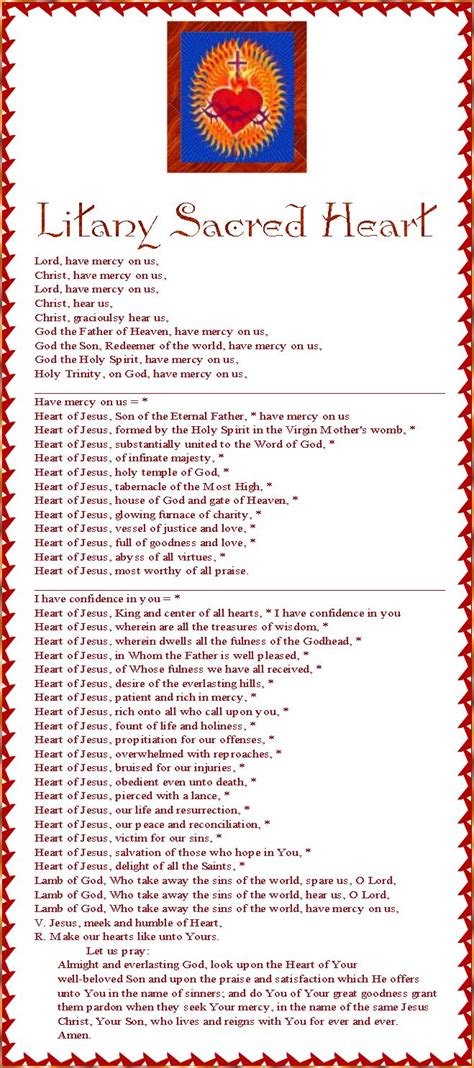 Litany of the sacred heart. The Litany of the Sacred Heart of Jesus is a synthesis of various litanies dating back to the 17th century. The current litany was approved for public use by... 