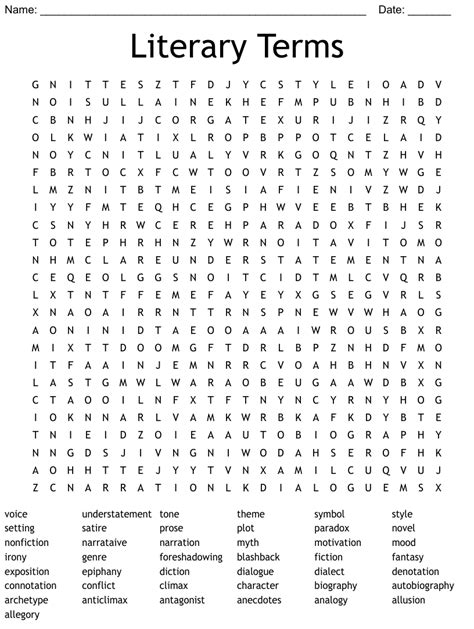 Literary terms word search answers. Literary terms word search answer key Comparison using such as or simile comparison DOES NOT use as or as a metaphor The giving of human characteristics to animals or harmless objects Personalization Words imitating sounds: crash, bang, lift, splat Onomatopoeia Two conflicting thoughts side by side: jumbo shrimp or cruel kindness Oxymoro's Apparent and Intentional Exaggeration, which is not ... 