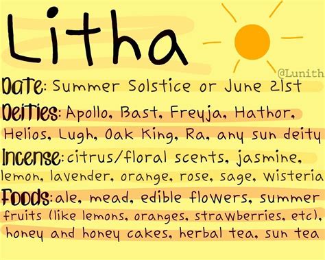 Litha date. According to astrological timing, the Sabbat dates are as follows: Ostara (Vernal Equinox) - Sun at 0° Aries. Beltane - Sun at 15° Taurus. Litha (Summer Solstice) - Sun at 0° Cancer. Lammas - Sun at 15° Leo. Mabon (Autumn Equinox) - Sun at 0° Libra. Samhain - Sun at 15° Scorpio. 