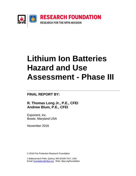 Lithium ion batteries hazard and use assessment - NFPA