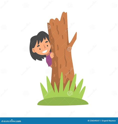 Little Girl Playing Hide And Seek Concealing Behind Tree Trunk Vector