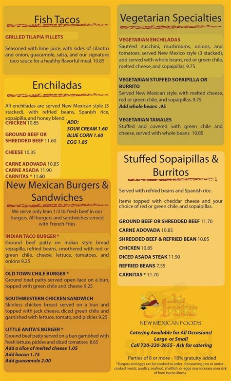 Little Anita's. (505) 877-1773. We make ordering easy. Learn more. 3314 Isleta Blvd Sw, Albuquerque, NM 87105. Restaurant website. Mexican. $$ $$$ Grubhub.com. Menu. Breakfast Burrito $3.75. Scrambled eggs and cheese with red or green Chile. Breakfast Burrito with Papas $4.50. Scrambled eggs, cheese and papitas with red or green Chile.. 