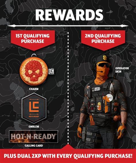 Little caesars call of duty skin. <p>Make a purchase and you will receive 2 codes that you can redeem for all items listed in image: charm, emblem, calling card, and operator skin</p><p>I send digital codes by ebay message following sale - typically within the hour between 8 am - 10 pm. </p><p>Redeem codes at callofduty.littlecaesars.com**These codes can be … 