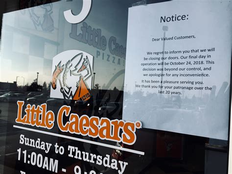 Little caesars closing hours. Mar 17, 2023 · The pizza chain Little Caesars is bumping the price of its famous Hot-N-Ready pizza above $5 for the first time in a quarter-century, according to reports. The price of the promotional pie, which was first introduced in 1997 through advertising shaker boards, is increasing by 11% to cost $5.55. 