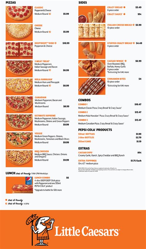 Little caesars menu pdf. Store Info - Little Caesars® Pizza. About Little Caesars Headquartered in Detroit, Michigan, Little Caesars was founded by Mike and Marian Ilitch in 1959 as a single, family-owned store. Today, Little Caesars is the third largest pizza chain in the world, with restaurants in each of the 50 U.S. states and 27 countries and territories. Little ... 