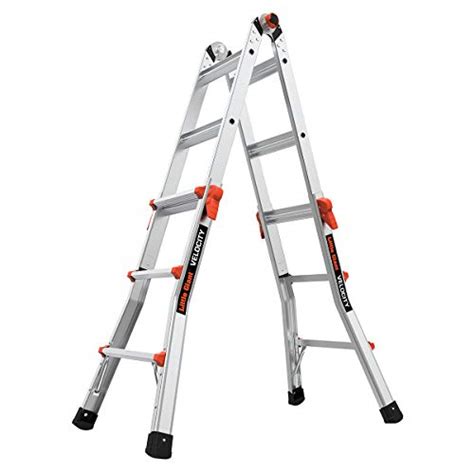 Little giant velocity model 13 aluminum multi-function ladder. The Velocity’s wide-flared legs and aerospace-grade aluminium construction provide an unmatched feeling of safety and stability. The Little Giant Velocity is rated to hold 300 pounds on both sides and is a true two-person ladder. The Velocity Ladder is available in 13, 17, 22, and 26-foot sizes. 