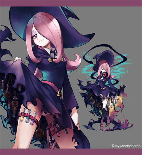 Sucy is a tall, thin girl who bears an image of a stereotypical witch. She has pale, grayish skin, mauve hair, and red eyes with white pupils. She comes off as laid-back, with droopy, half-lidded eyes that make her look indifferent or lethargic half of the time. Her left eye is covered by a large fringe of hair. 