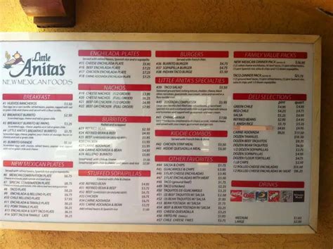Little.anita's menu. Little Anita's New Mexican Foods hiring Cook/. The place is small and a little dated, but the food satisfies. Add to compare #888 of 1382 cafes in Albuquerque. 