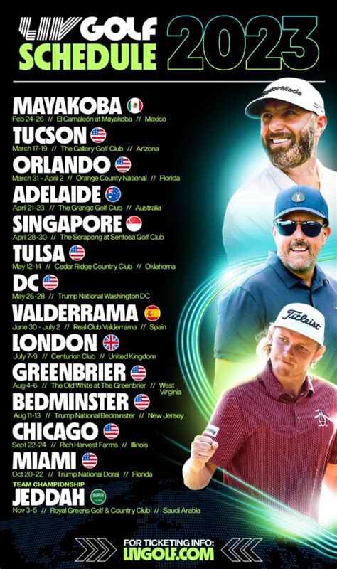 LIV Golf League 2023 Schedule. Feb. 24-26: El Camaleón Golf Club, ... The PGA Tour suspended players who played in LIV Golf's first event at Centurion Club in June 2022.