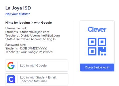 Ljisd clever. Hints for logging in with Google. Username hint: Students : StudentID@ljisd.com Teachers : DistrictUsername@ljisd.com Staff - Use Clever Account to Log In Password hint: Students : DOB (MMDDYYYY) Teachers : Your Google Password 