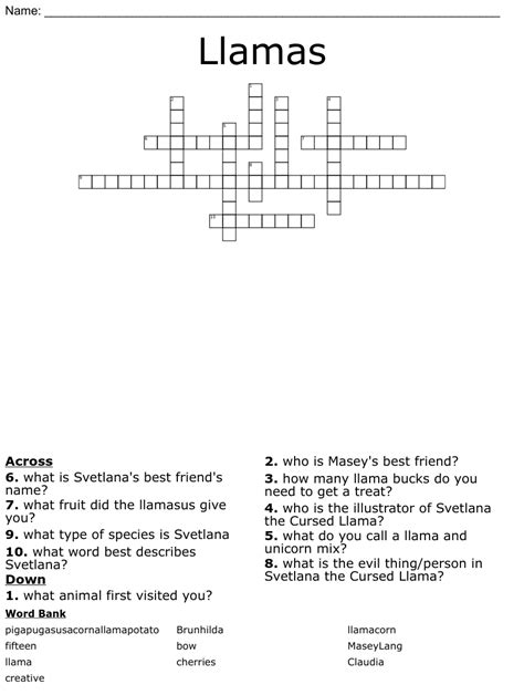 Llamas cousin crossword clue. The Crossword Solver found 30 answers to "South American llama (6)", 6 letters crossword clue. The Crossword Solver finds answers to classic crosswords and cryptic crossword puzzles. Enter the length or pattern for better results. Click the answer to find similar crossword clues . Enter a Crossword Clue. 
