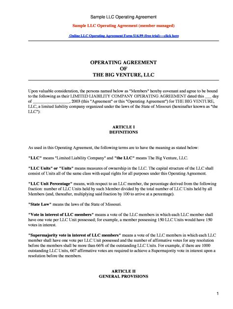 Llc Operating Agreement Template Portal Tutorials