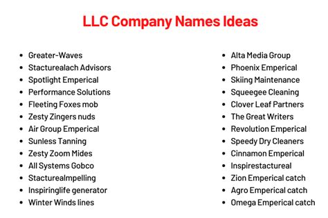 LLC Name Ideas. Choosing a good LLC name is crucial for creating a strong brand identity and establishing a positive impression in the marketplace. Good LLC names should be unique, memorable, and relevant to your business. LLC business names should convey the essence of your products, services, or industry.