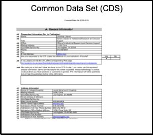 The Common Data Set Initiative (CDS) is a collaborative effort among data providers in the higher education community and publishers as represented by The College Board, Peterson’s – a Thomson Learning Company, U.S. News & World Report, and Wintergreen/Orchard House. The combined goal of this collaboration is to improve the quality and ...