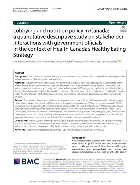 Lobbying and nutrition policy in Canada: a quantitative …