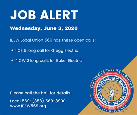 Jun 3, 2020 · JOB ALERT! #IBEW569 open calls today: 1 CE 6 long call for Gregg Electric 4 CW 2 long calls for Baker Electric Call #IBEW 569 for details: 858-569-8900. #jobseekers #LiveBetterWorkUnion #1u. 