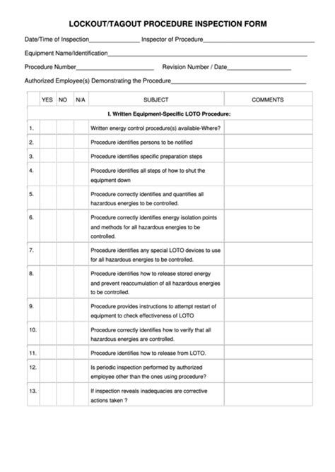 Lockout/Tagout Procedure Inspection Form Download Printable PDF