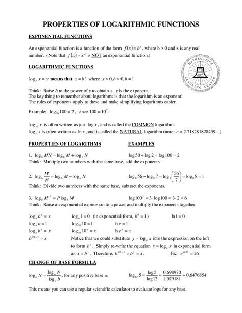 Logarithm properties cheat sheet Docsity