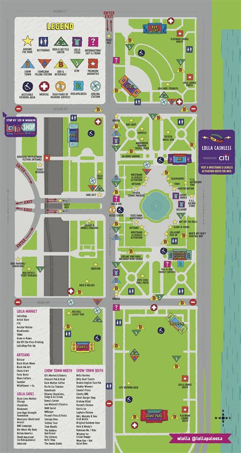 Lolla map. CHICAGO — Lollapalooza returns to Grant Park Thursday for a four-day festival that will takeover Grant Park from Aug. 3 to Aug. 6. The music fest will feature over 170 bands, eight stages and ... 