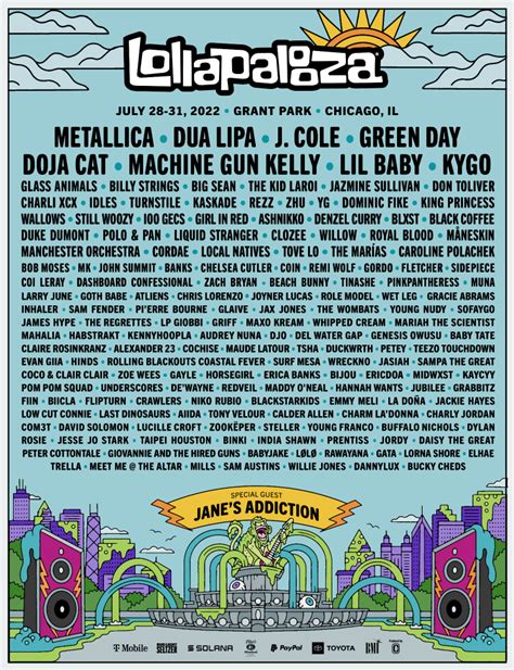 Lollapalooza 2022 poster. Mar 22, 2022 · Lollapalooza has announced its lineup for the 2022 edition of the festival, and fans are baffled by the seeming randomness of the artists playing. The Chicago music festival begins on Thursday, 28 ... 