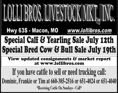 Lolli bros. Lolli Brothers Livestock Market - Macon, MO AMS Livestock, Poultry, & Grain Market News Missouri Dept of Ag Mrkt News Tue Apr 26, 2022 Email us with accessibility issues with this report. Head Wt Range Avg Wt Price Range Avg Price 3 416 416 174.00 174.00 48 458-494 478 166.00-170.25 169.27 