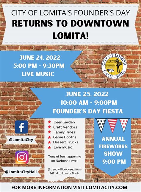 Lomita founders day 2023. August 26, 2023 10am-6pm Setup 6am-9:00am. Founders Day is an annual tradition in Fultondale each year that offers a variety of food vendors, specialty vendors, live/local entertainment, arts/crafts, and a free kids zone. In addition, we will feature a car show with winners in multiple categories and a Best in Show Award. 