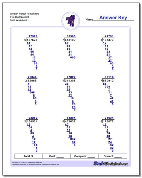 Long Division Worksheet without Remainders Five Digit Quotient! Long